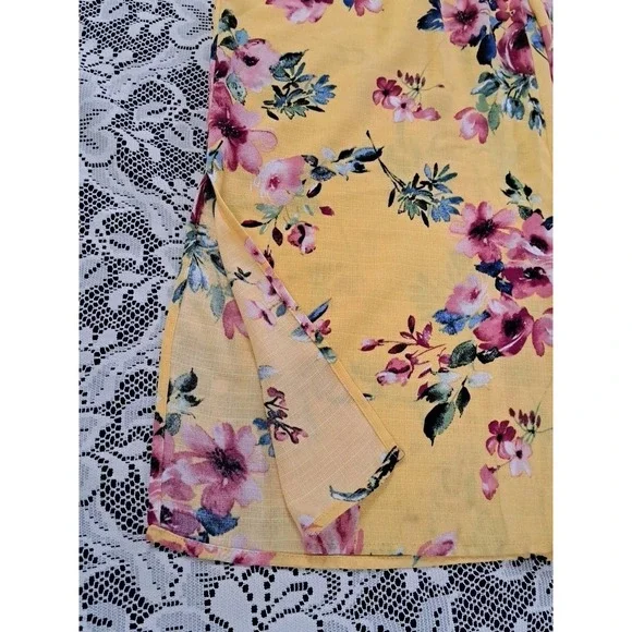 Xhilaration Jumpsuit L Yellow Floral Smocked Back Slit Wide Leg Adjustable Boho - Picture 10 of 14